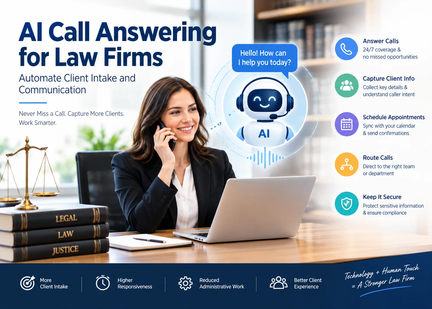 AI call answering for law firms banner featuring a professional attorney, virtual AI receptionist, and legal office setting, highlighting automated client intake, 24/7 call answering, appointment scheduling, call routing, secure client information, and improved communication efficiency.